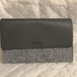 La prairie faux leather wool felt makeup clutch